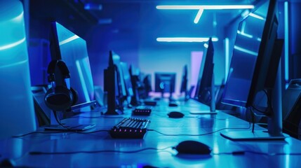 Naklejka premium Blue Lit Gaming Station with Headsets