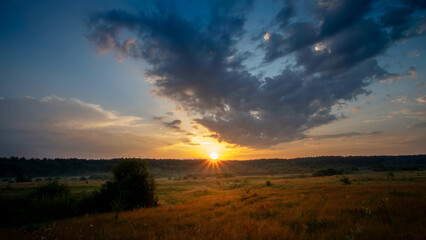 Sunrise over the forest on a summer morning.