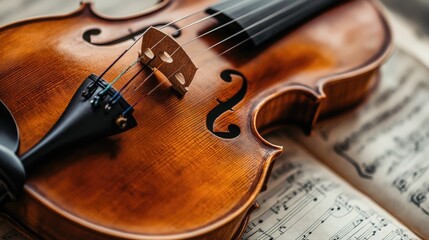 Fototapeta premium Violin Close-Up with Music Sheet Background