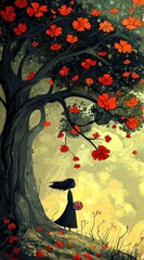 Solitary Figure Under a Blooming Tree