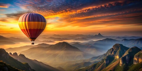 Hot air balloon flying over mountain during sunset, with a filtered background, hot air balloon, mountain, sunset