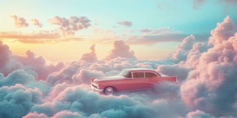 Pink car drives through a field of clouds.