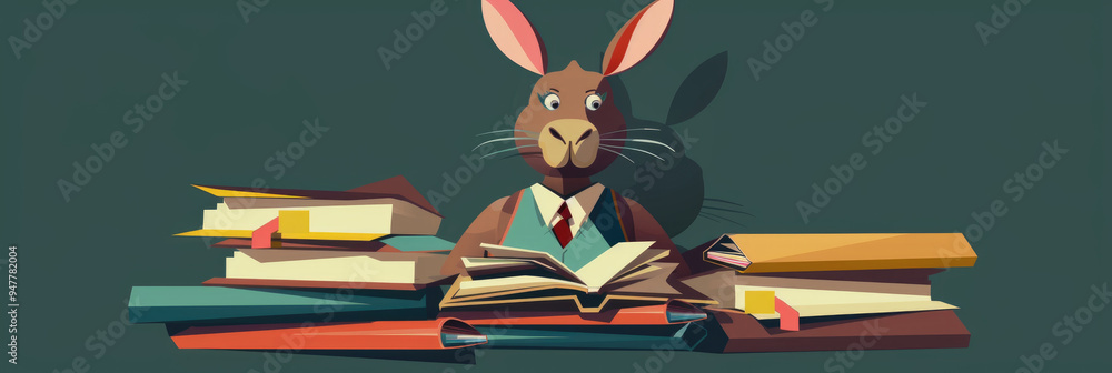 Poster a rabbit dressed in formal attire sits amid stacks of books, focusing intently on reading in a warm,