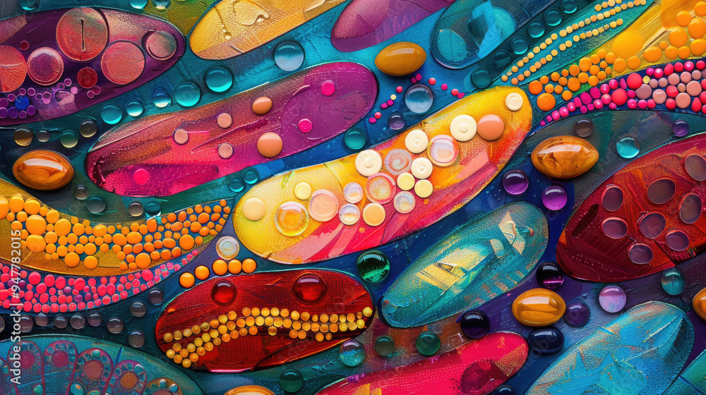 Poster An artistic creation showcases vibrant shapes and colorful droplets arranged in abstract patterns on a textured surface at a studio