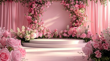 Romantic pink floral stage with lush flower arrangements, A dreamy stage decorated with abundant pink flowers and soft drapery, creating a romantic and elegant atmosphere for special events.



