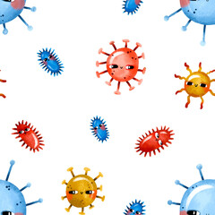 Seamless pattern with viruses and germs. Children's characters. Quarantine and pandemic. Background for children's room, textiles, wrapping paper