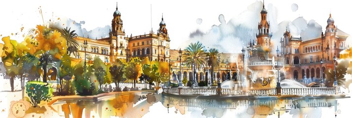 Naklejka premium View of Seville, Plaza de España. Travel in Spain. Holidays in Andalusia. Horizontal banner, free space for text, watercolor illustration. Postcard from Sevilla. Tourism concept. Andalusian trip