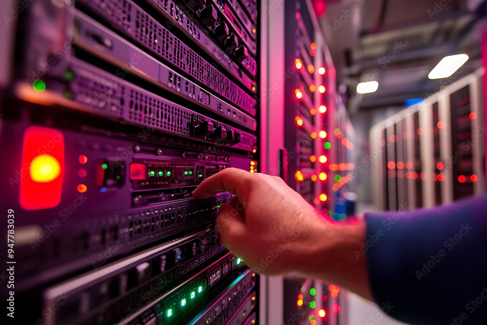 Poster hand reaches for server rack in data center