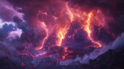 Fiery Volcano Eruption with Lightning Strikes