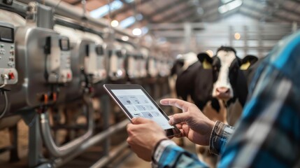 Obraz premium Modern Agricultural Technology Farmer Utilizing Tablet to Manage Automated Feeding Systems on Dairy Farm