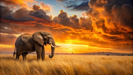 Fototapeta premium An African elephant's silhouette stretches towards the Namibian sky, its tusk tips aglow, set against a fiery sunset and rippling savannah grasses.