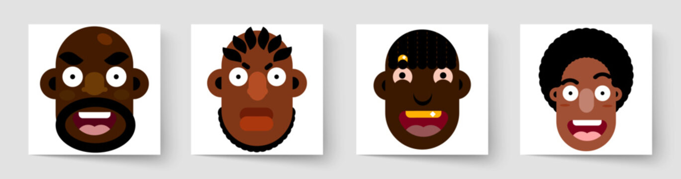 Set of aggressive faces of people of African-American races and nations. Variety. Dangerous modern avatars of evil people. Society and population. Vector flat illustration. Close-up portraits.