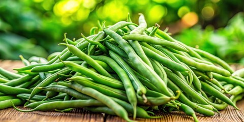 Fototapeta premium Fresh and vibrant loose green beans captured in a natural setting, ideal for promoting healthy living campaigns, green beans