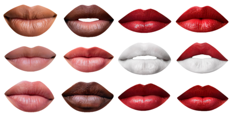 Set of colorful lip prints in various shades isolated on transparent background