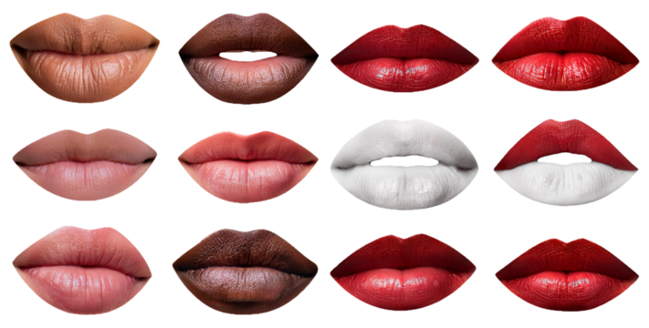 Set of colorful lip prints in various shades isolated on transparent background