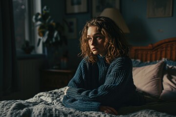 Obraz premium Unhappy Young Woman in Bedroom, Alone and Deep in Thought