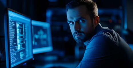 Cinematic shot of a male cybersecurity expert analyzing data on a computer screen in a dark office room