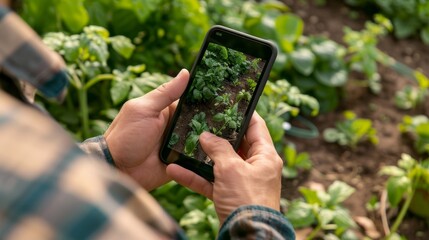 Future Farming Augmented Reality Revolutionizes Crop Management Farmer's Hands Using Smartphone to Enhance Plant Growth