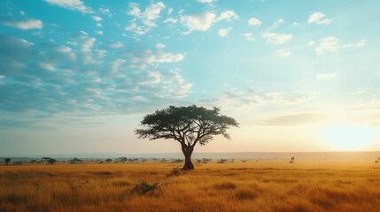 Obraz premium A solitary tree stands in golden grassland under a stunning sky at sunset in the serene African savanna