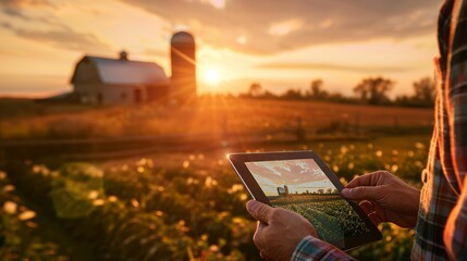 Golden Hour AgTech Farmer's Hands Embracing Future with Digital Financial Software Against Rural Sunset Backdrop