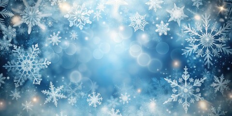 Abstract winter background with various snowflakes and ice particles , snow, frost, chilly, frozen, seasonal, icy