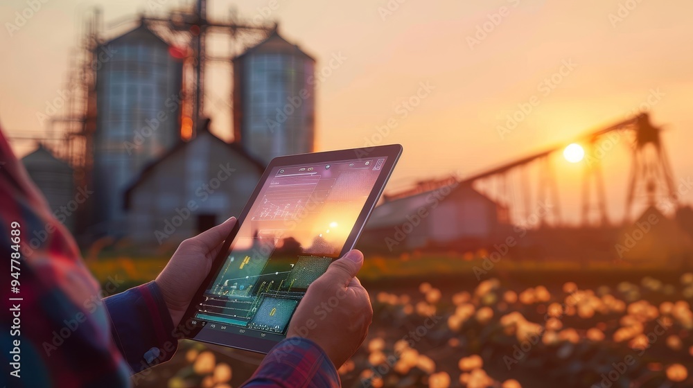 Wall mural Golden Hour AgTech Farmer's Hands Embracing Future with Digital Financial Software Against Rural Sunset Backdrop