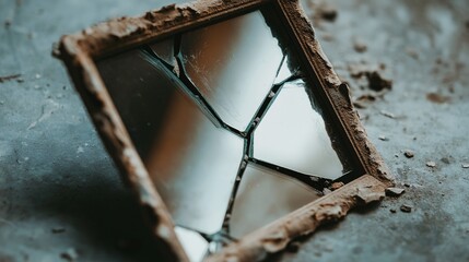 Shattered Reflections: An antique mirror lies broken on a dusty floor, its once-pristine surface now a web of cracks, symbolizing loss, decay, and the passage of time. 