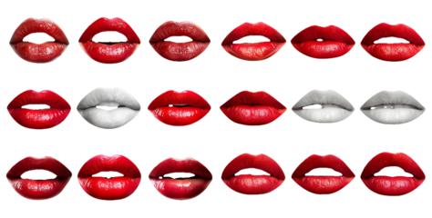 Collection of colorful lip prints in different styles isolated on transparent background