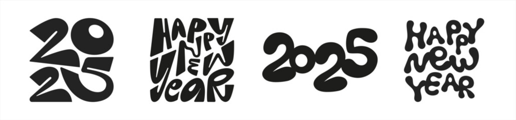 Obraz premium Happy New Year 2025 shapeshifting graffiti lettering set, typographic compositions. Bold distorted cartoon blobs bubble letters and numbers inscribed in a square shape. Modern trendy hand drawn fonts.