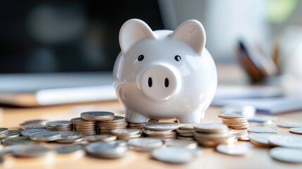 Piggy bank surrounded by coins on desk representing financial saving money goals