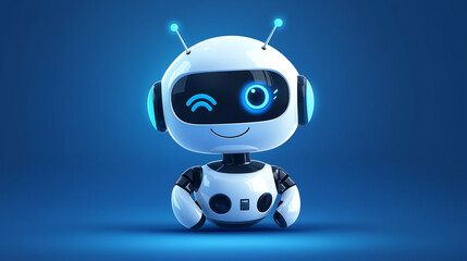 3D icon of a cute robot, against a blue background, in a cartoon style with a white and light grey color scheme
