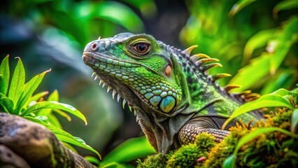Obraz premium Vibrant iguana blending into its natural environment of lush greens and rocks, colorful, reptile, nature, wildlife, exotic