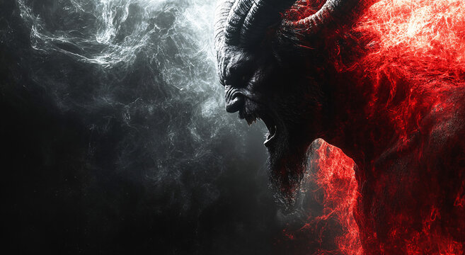 An angry devil profile on a black background with copy space for text, representing the god of evil and the concept of hell.