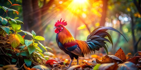 Fototapeta premium A radiant Red Junglefowl emerges from the underbrush, its vibrant feathers glistening with dew, as it surveys its surroundings with piercing intensity.