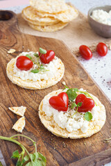 corn cake with cream cheese and Cherry tomatoes shaped of heart