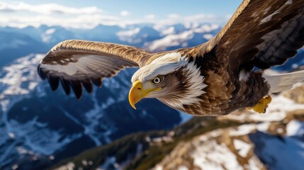 Fototapeta premium Top-down photography of a tagged eagle soaring over a mountain range