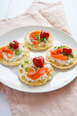 corn cake with cream cheese, salmon and Cherry tomatoes shaped of heart