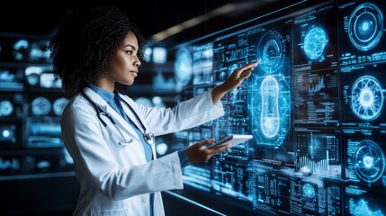 Female Doctor Interacting with Futuristic Medical Interface, Analyzing Data on Transparent Screens