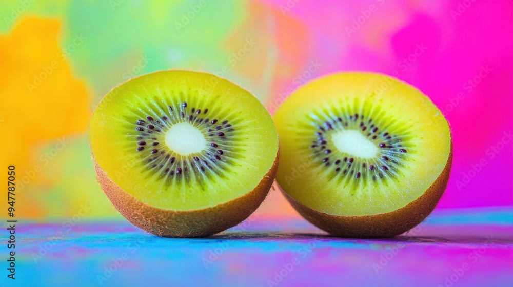 Sticker two halves of a fresh kiwi fruit against a vibrant background