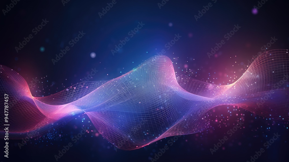 Poster abstract futuristic background with a glowing digital wave of particles and dots in shades of blue, 