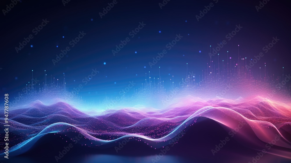 Poster abstract futuristic background with a glowing digital wave of particles and dots in shades of blue, 