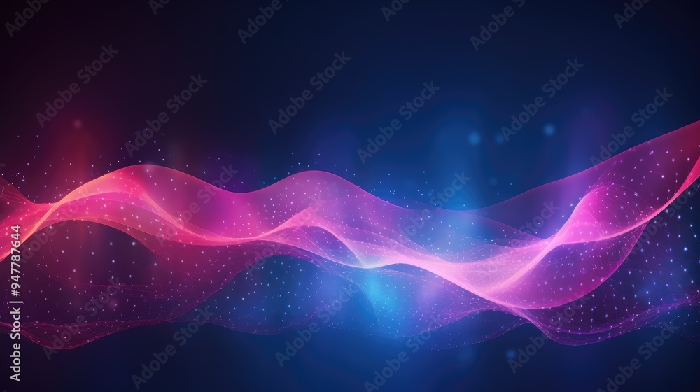 Poster abstract futuristic background with glowing particles and dots in blue and pink colors. big data vis