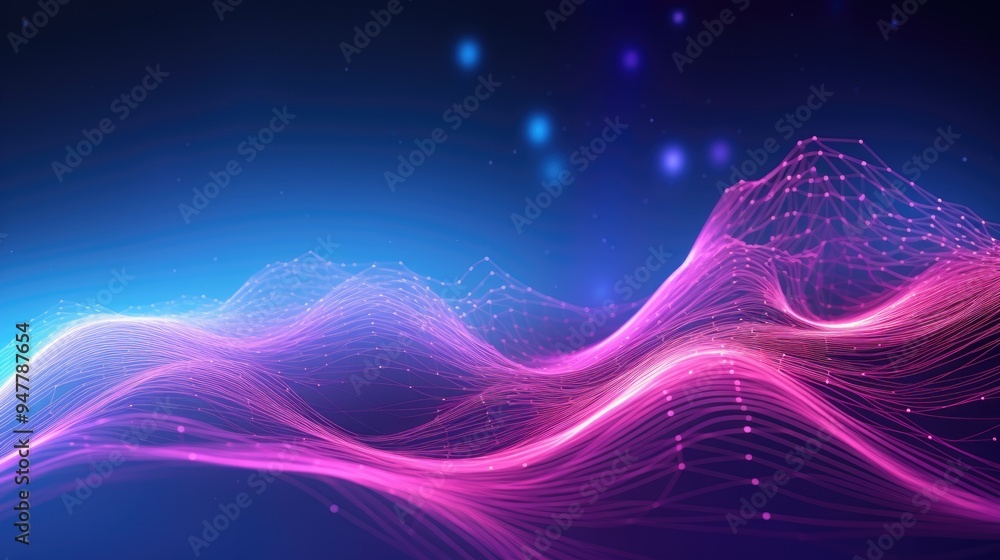 Poster abstract futuristic background with a glowing digital wave of particles and dots in shades of blue, 