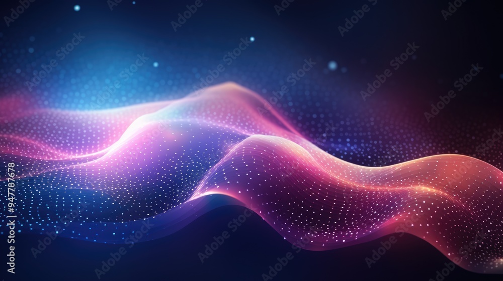 Poster abstract futuristic background with glowing particles and dots in blue and pink colors. big data vis