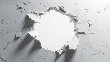 Clean Breakthrough of White Wall with Rubble and Fractured Edges