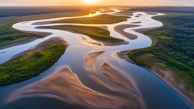 Aerial capture of a river delta with winding channels