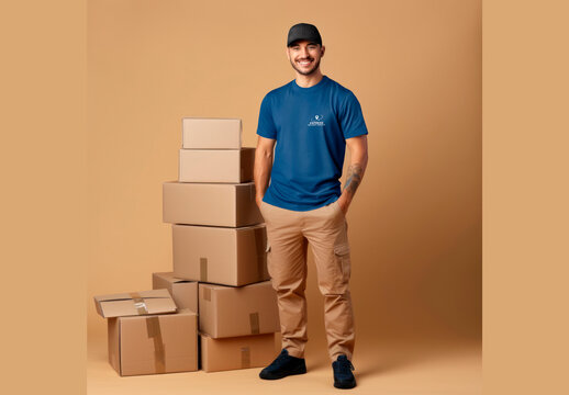 Apparel Delivery Man Uniform Tshirt And Cap Mockup With Generative AI