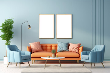 Modern interior design of a living room with a  sofa, colorful armchairs, and a poster on the wall. ,generative ai