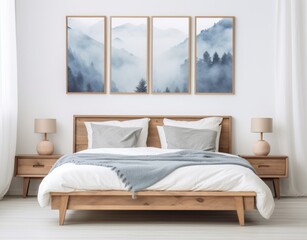 modern bedroom interior design with three posters in a wooden frame hang on the wall above the bed ,generative ai