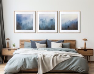 modern bedroom interior design with three posters in a wooden frame hang on the wall above the bed ,generative ai